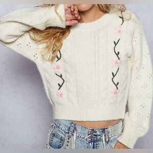 POL Regular Fit Cream Sweater with Green & Pink Floral Embroidery, Large